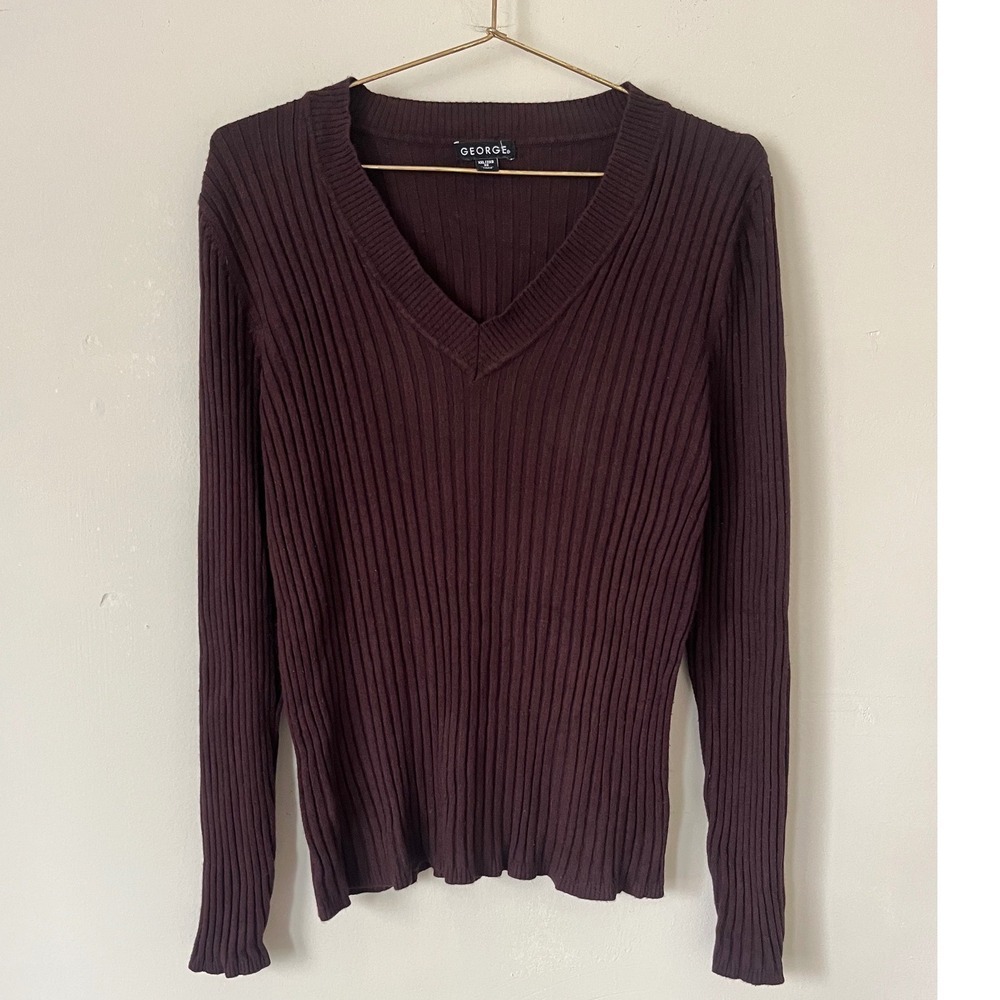 George Womens Brown Ribbed V-Neck Sweater XXL 20 Dark Academia Long Sleeve Top